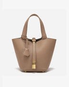 Women's Bucket Bag with Padlock Detail and Top Handles, Textured Leather-Look Shoulder Bag – Tessa Belle