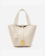 Women's Bucket Bag with Padlock Detail and Top Handles, Textured Leather-Look Shoulder Bag – Tessa Belle