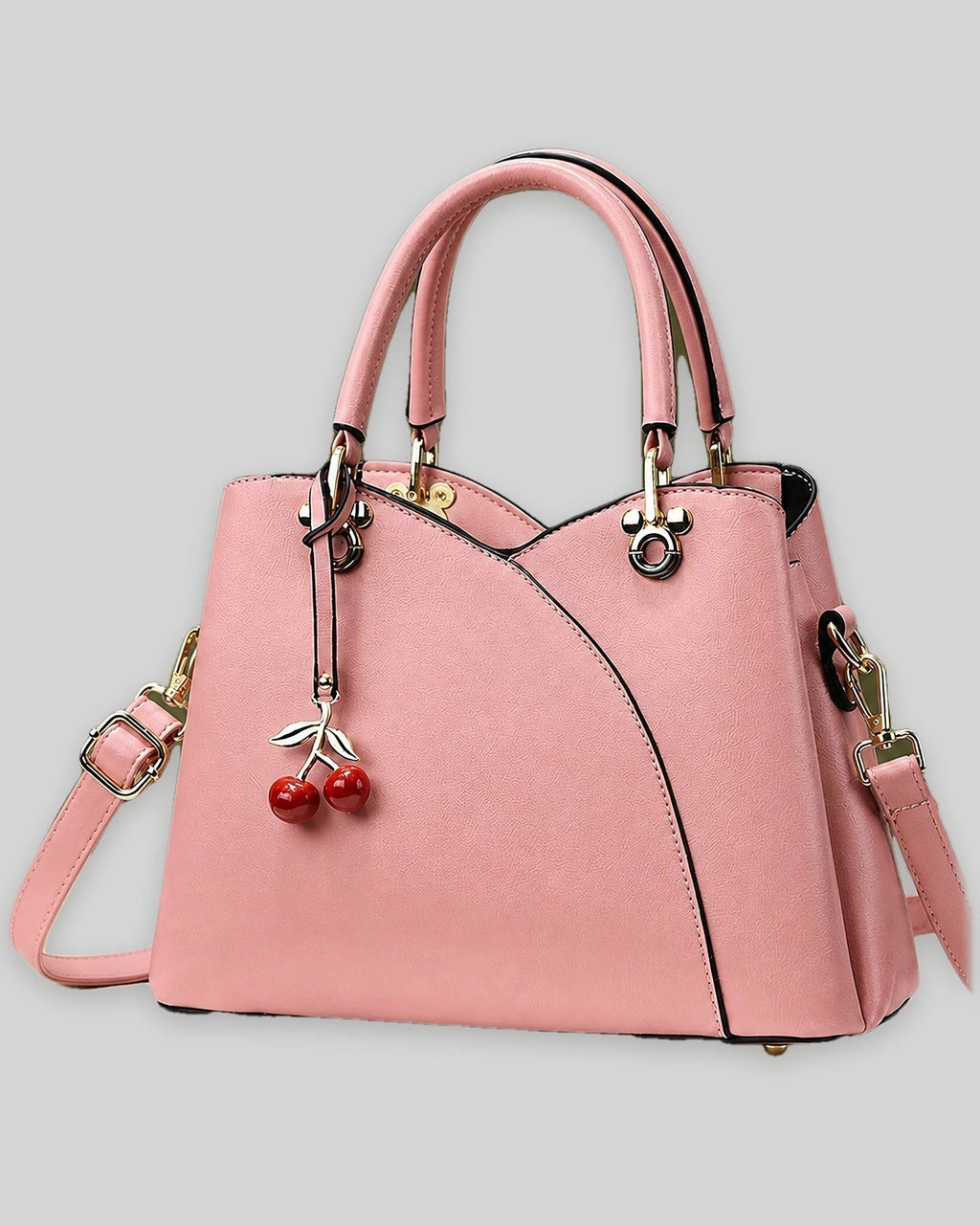Women's Top-Handle Cherry Handbag with Charm, Structured Curved Panels – Sadie Grey