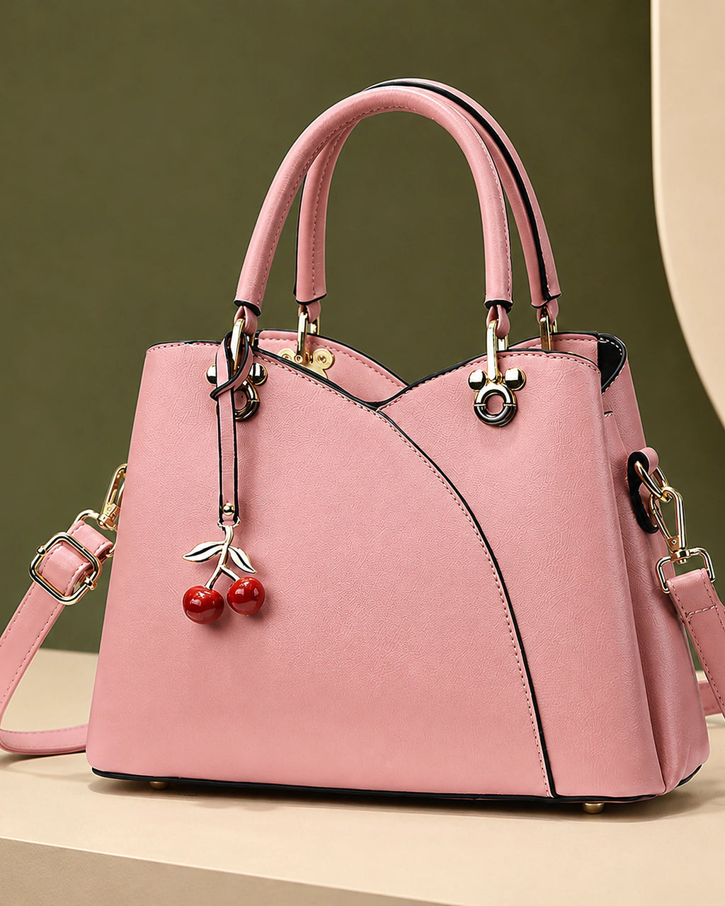 Women's Top-Handle Cherry Handbag with Charm, Structured Curved Panels – Sadie Grey