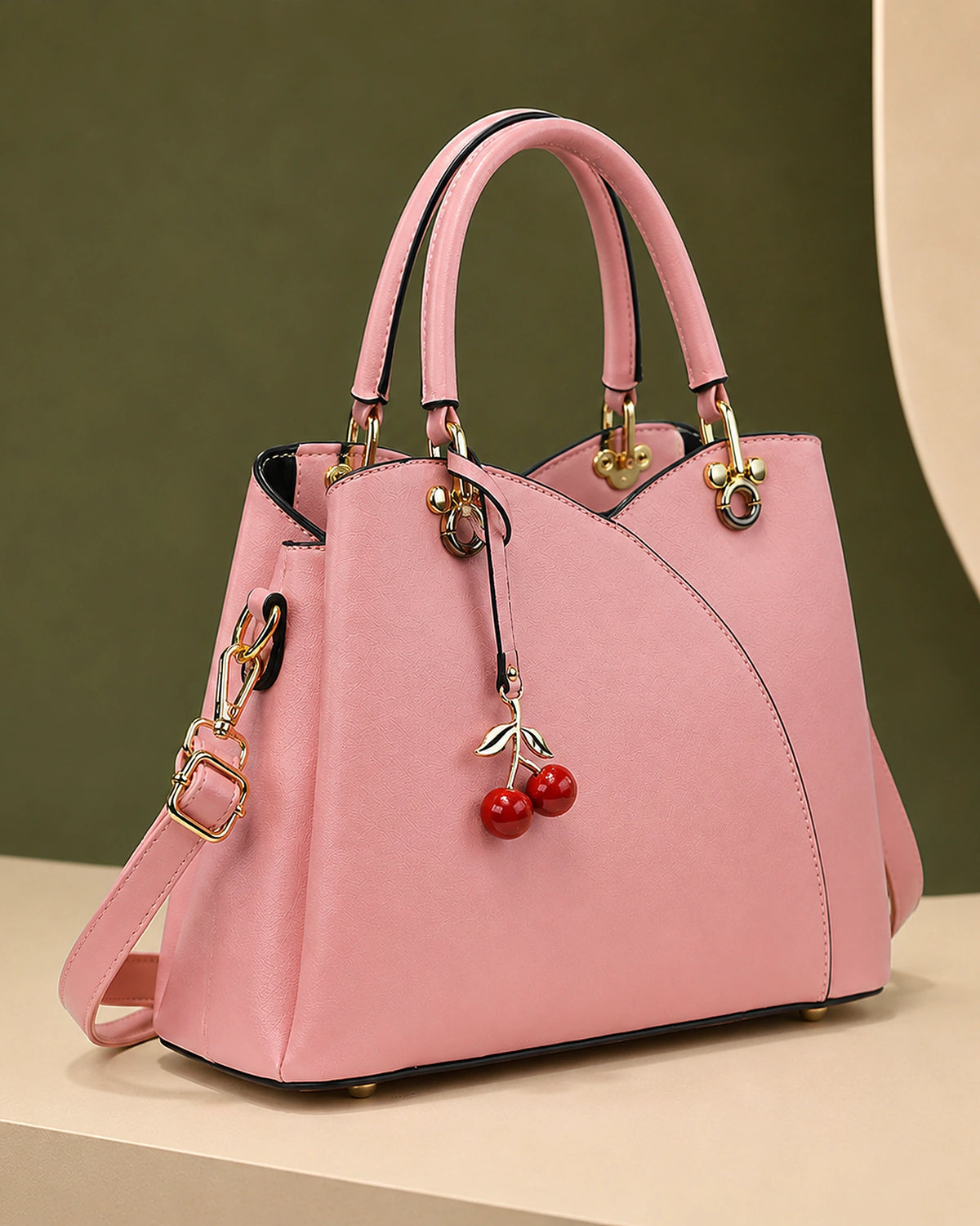 Women's Top-Handle Cherry Handbag with Charm, Structured Curved Panels – Sadie Grey