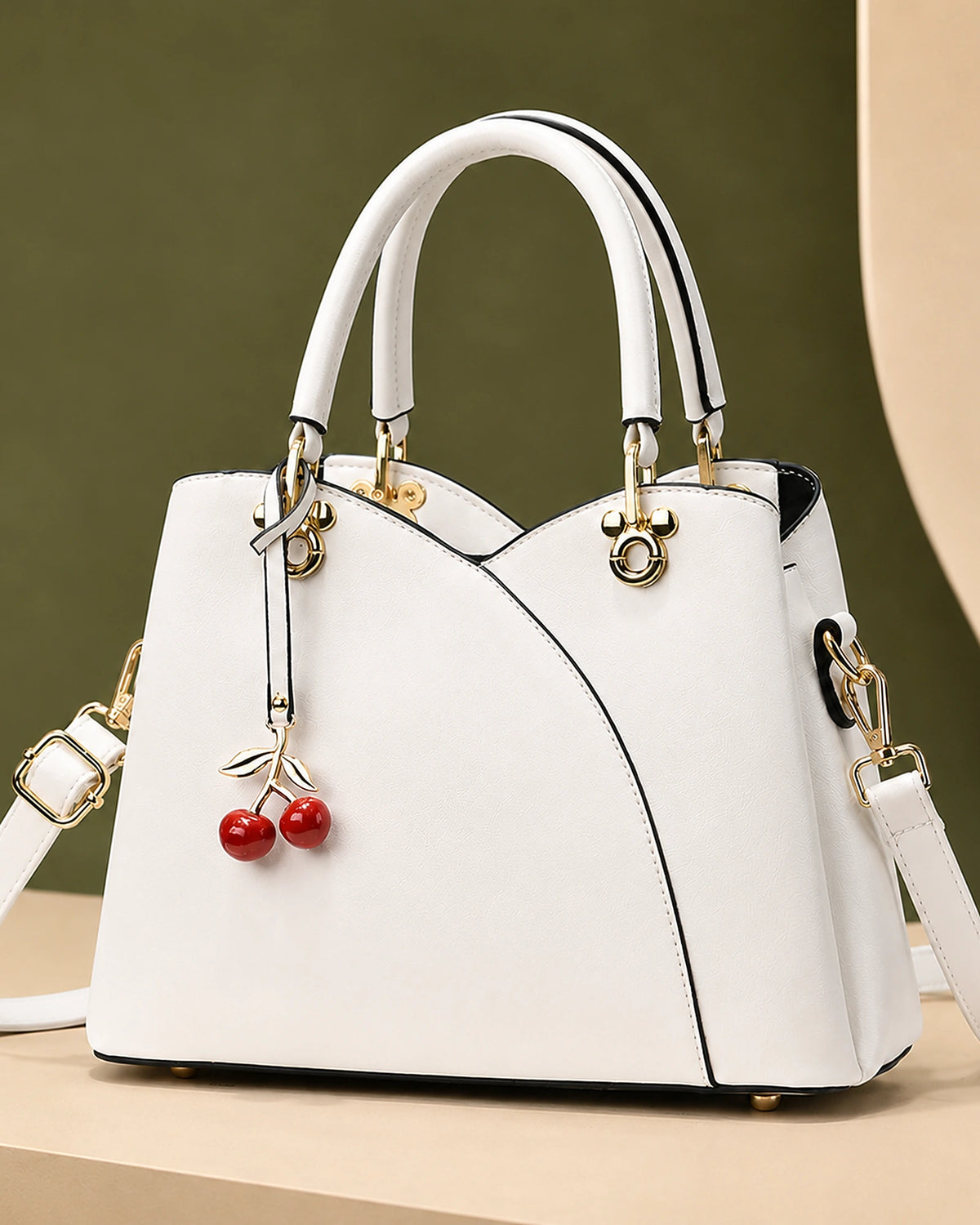 Women's Top-Handle Cherry Handbag with Charm, Structured Curved Panels – Sadie Grey