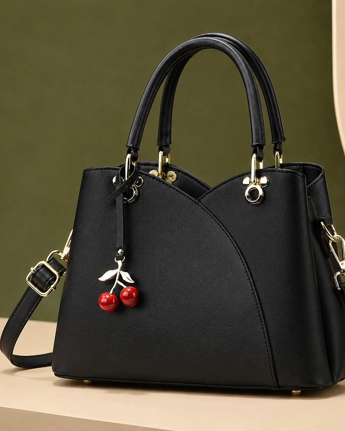 Women's Top-Handle Cherry Handbag with Charm, Structured Curved Panels – Sadie Grey