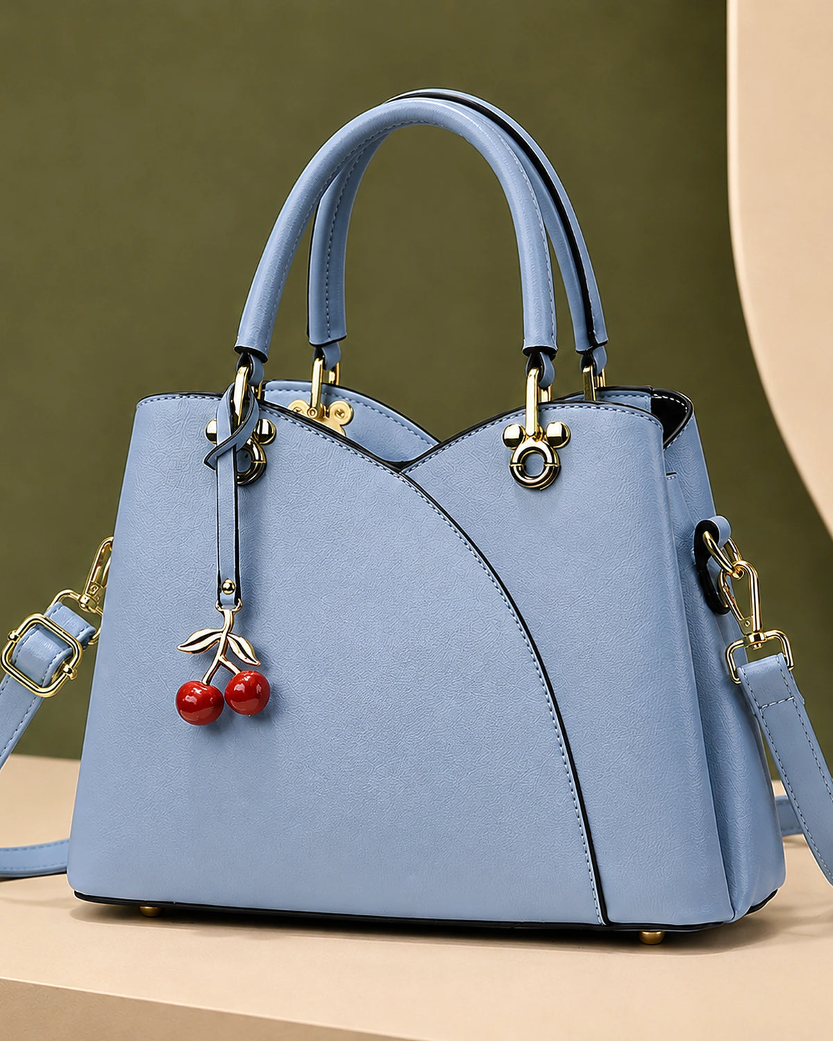 Women's Top-Handle Cherry Handbag with Charm, Structured Curved Panels – Sadie Grey