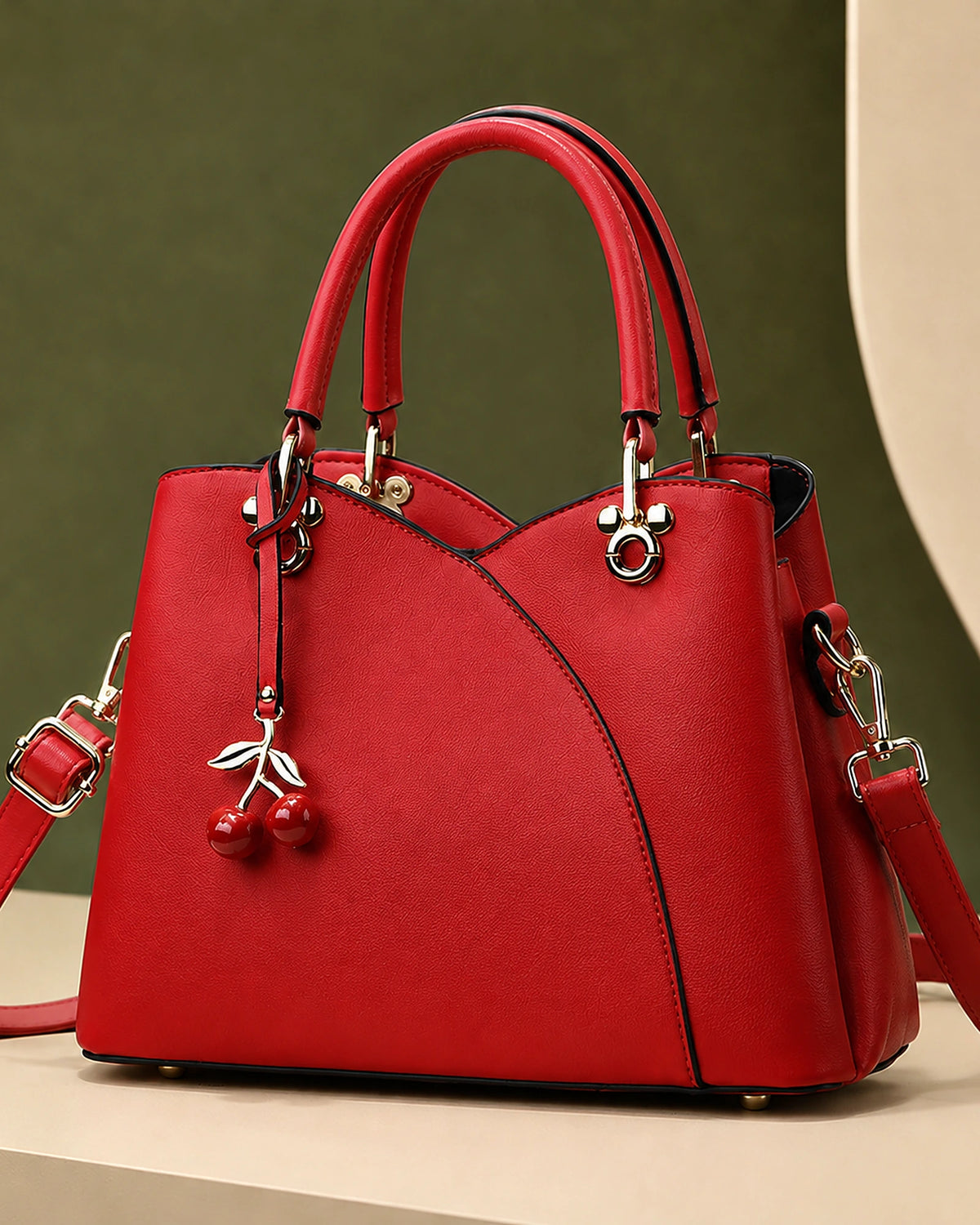 Women's Top-Handle Cherry Handbag with Charm, Structured Curved Panels – Sadie Grey