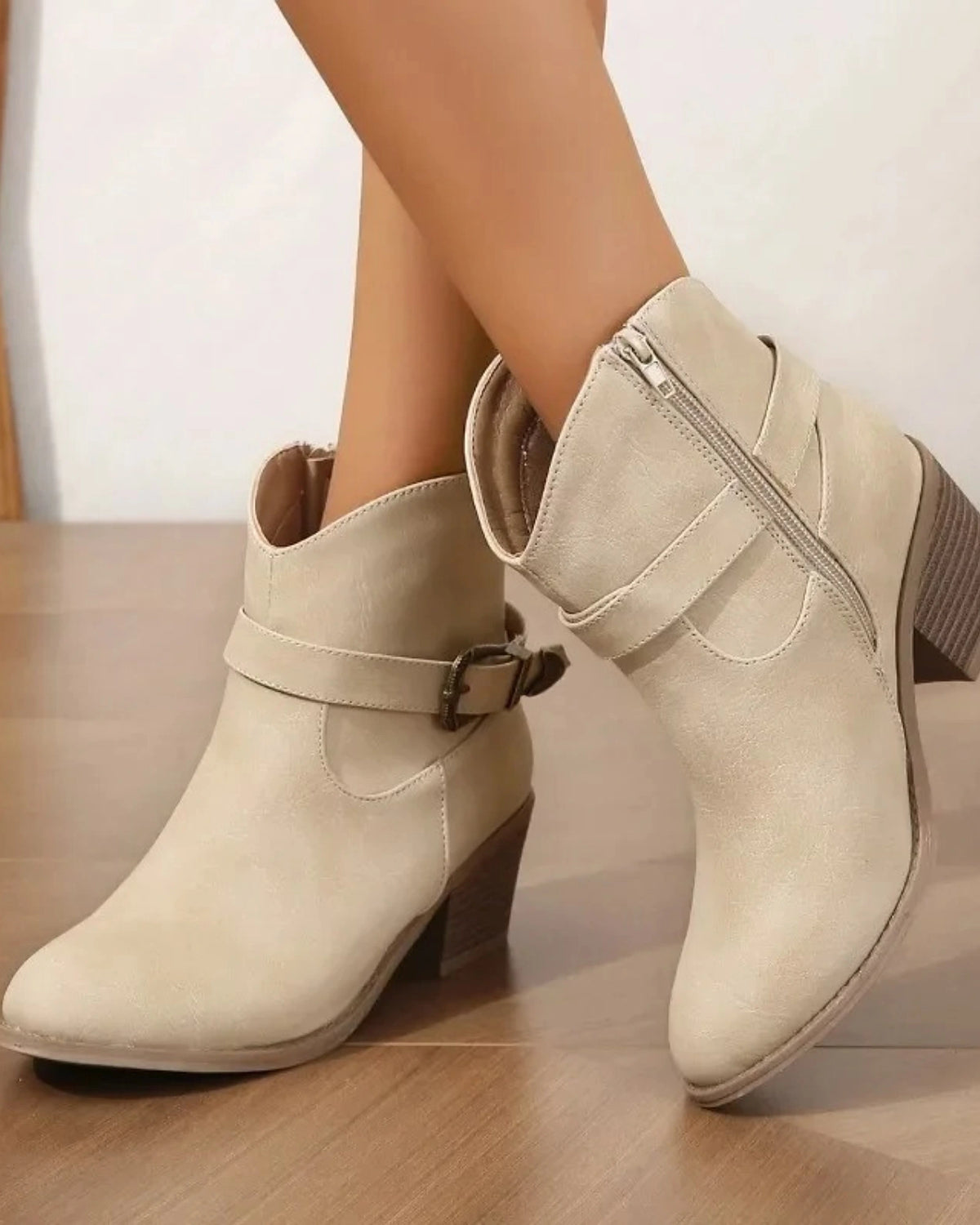 Women's Suede Ankle Boots with Buckle Strap Detail and Stacked Block Heel – Luna Jane