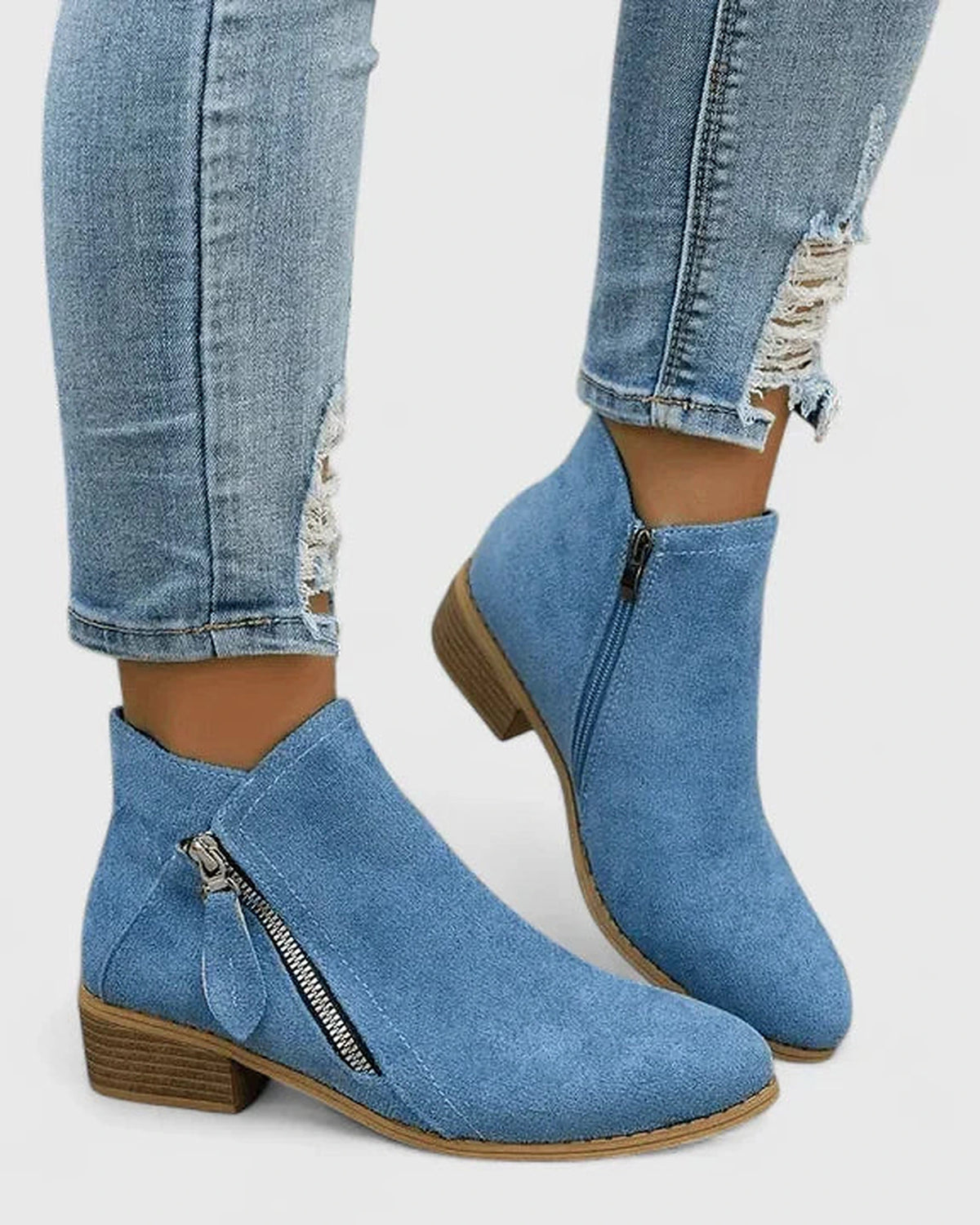 Women's Suede Ankle Boots with Side Zip and Stacked Block Heel – Cleo Rose
