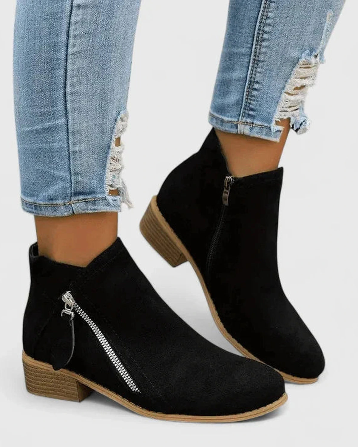 Women's Suede Ankle Boots with Side Zip and Stacked Block Heel – Cleo Rose