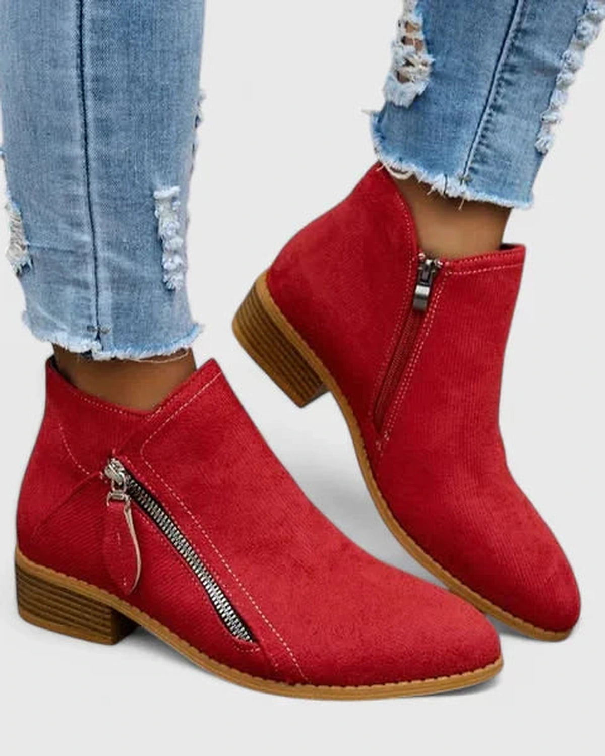 Women's Suede Ankle Boots with Side Zip and Stacked Block Heel – Cleo Rose