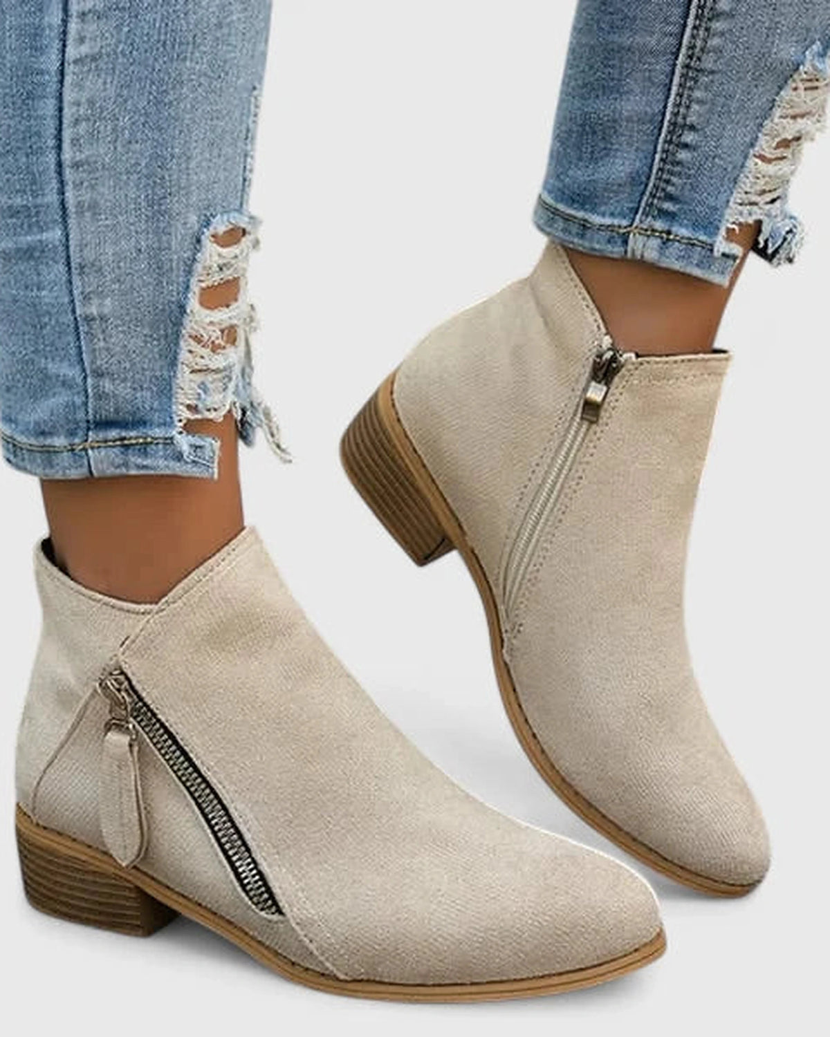 Women's Suede Ankle Boots with Side Zip and Stacked Block Heel – Cleo Rose