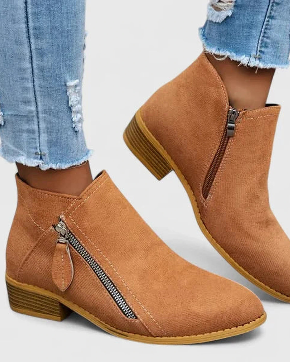 Women's Suede Ankle Boots with Side Zip and Stacked Block Heel – Cleo Rose
