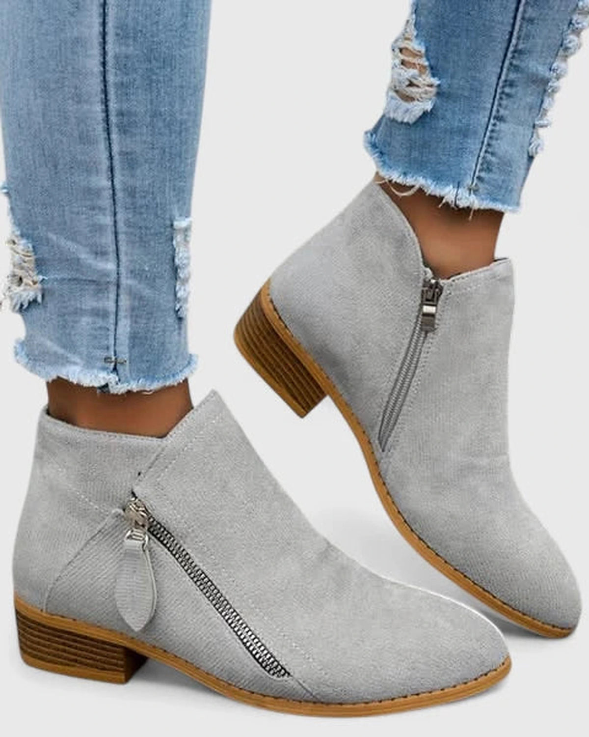 Women's Suede Ankle Boots with Side Zip and Stacked Block Heel – Cleo Rose