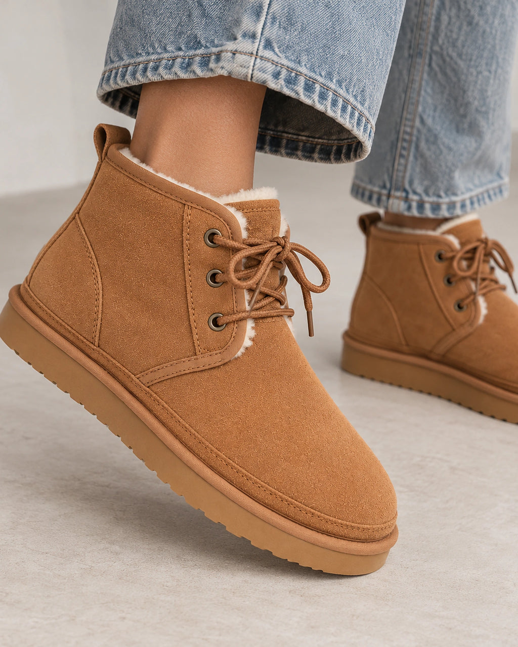 Women's Brown Suede Ankle Boots with Lace-Up Fastening and Faux Fur Lining for Winter – Nadia