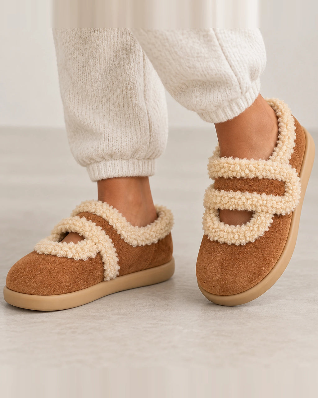 Women's Slippers with Fluffy Faux Fur Trim, Suede Mary Jane Shoes for Winter – Selena