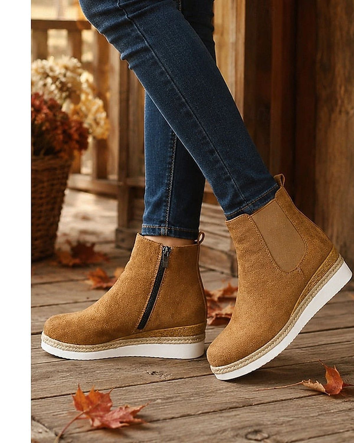 Women's Suede Platform Chelsea Wedge Boots with Woven Sole Trim – Gwen Mae