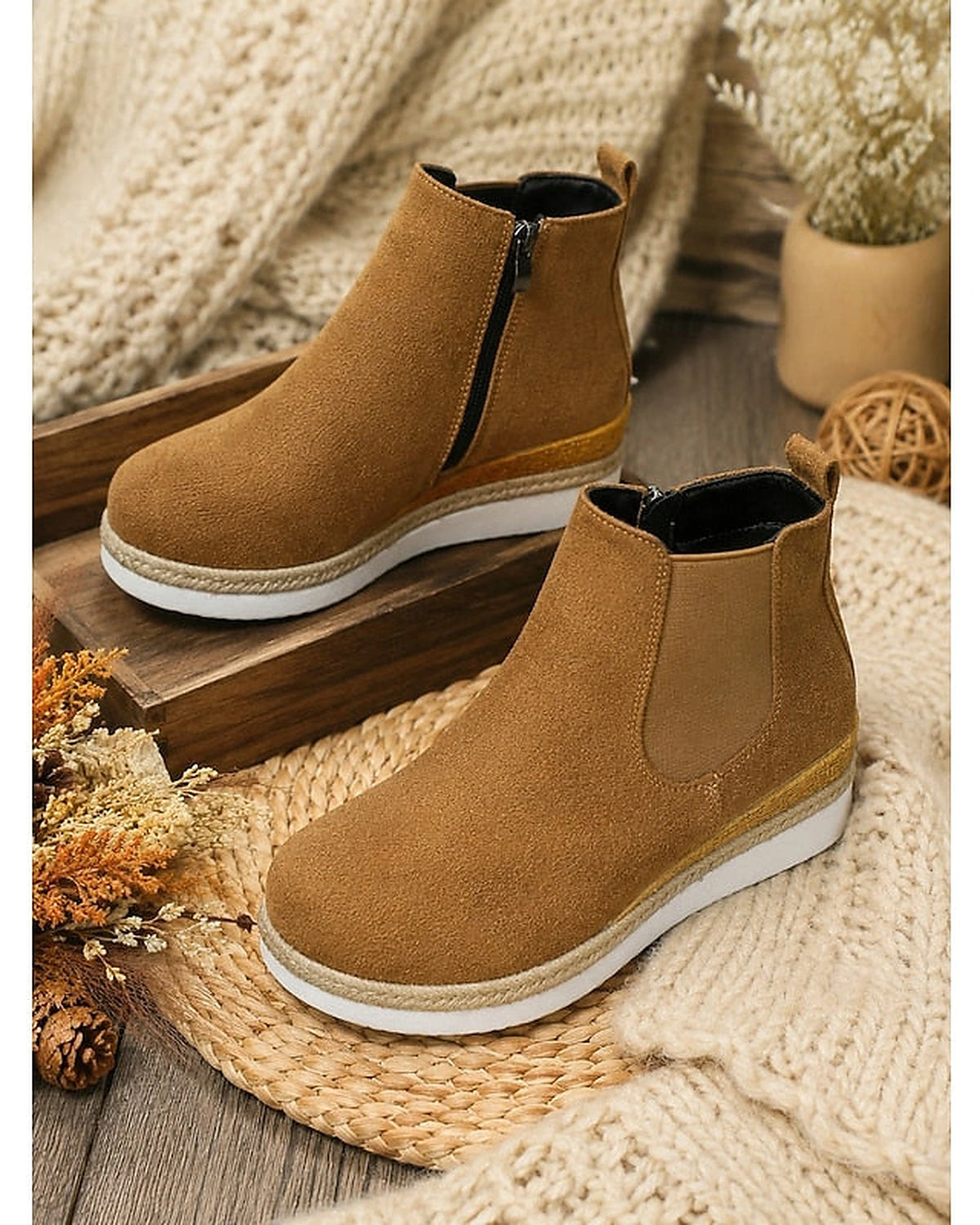 Women's Suede Platform Chelsea Wedge Boots with Woven Sole Trim – Gwen Mae