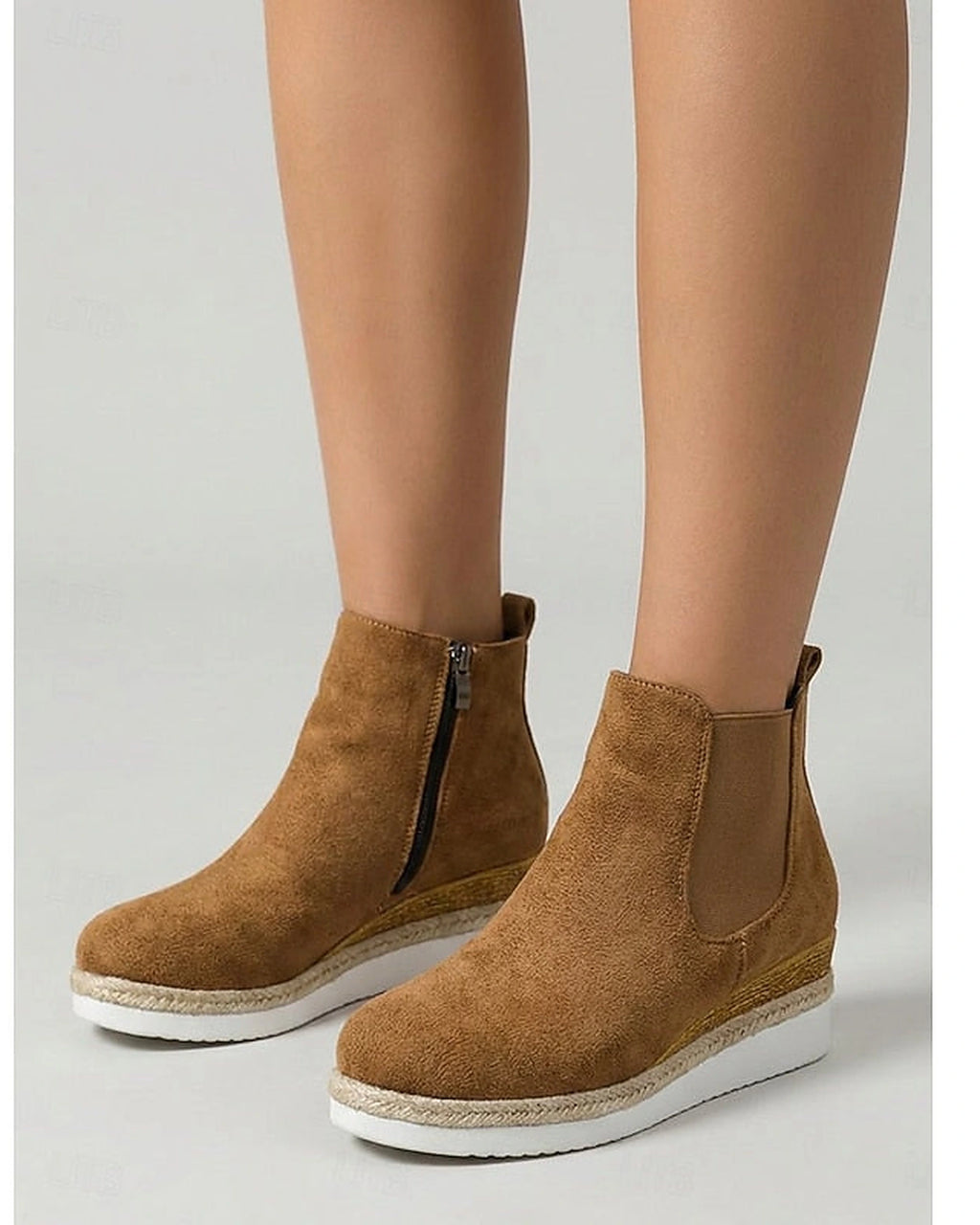 Women's Suede Platform Chelsea Wedge Boots with Woven Sole Trim – Gwen Mae