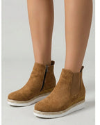 Women's Suede Platform Chelsea Wedge Boots with Woven Sole Trim – Gwen Mae