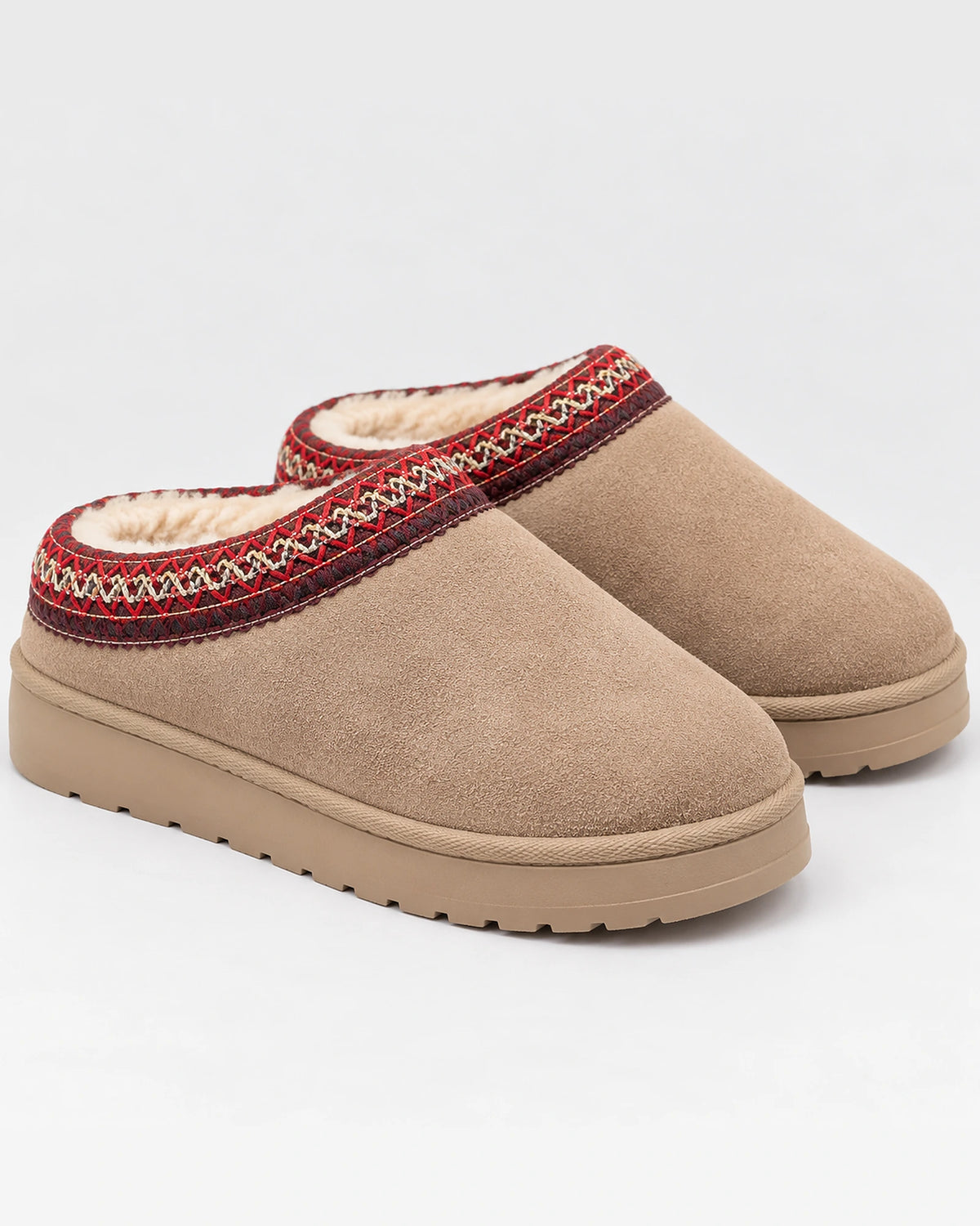Women's Suede Clogs with Fur Lining and Woven Trim, Slip-On Platform Slippers – Paige