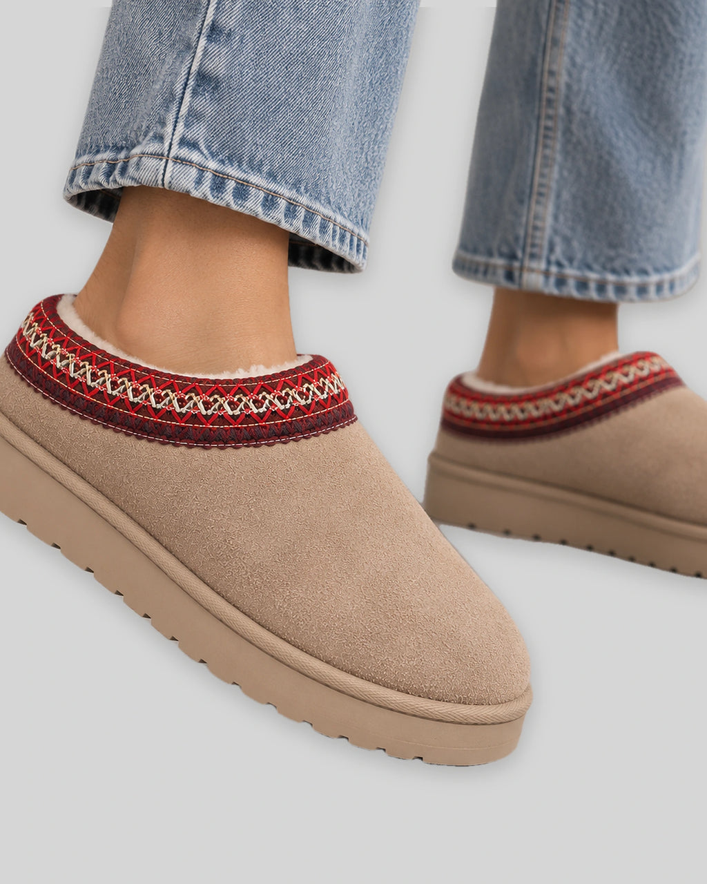 Women's Suede Clogs with Fur Lining and Woven Trim, Slip-On Platform Slippers – Paige