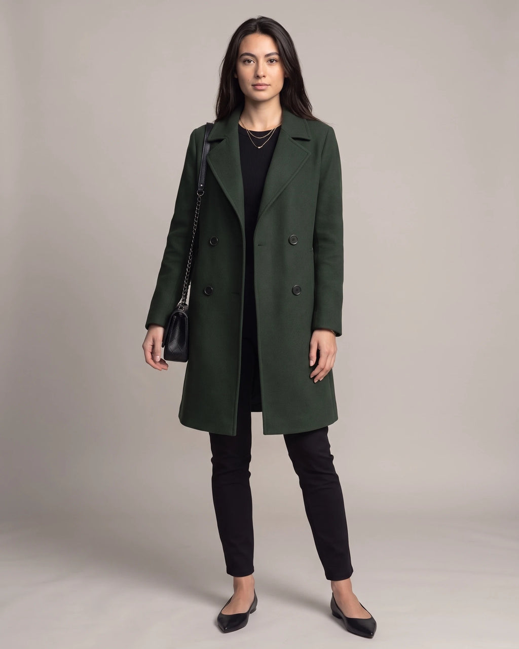 Women's Double Breasted Coat with Notched Lapel and Turned-Back Cuffs, Midi Length – Jane
