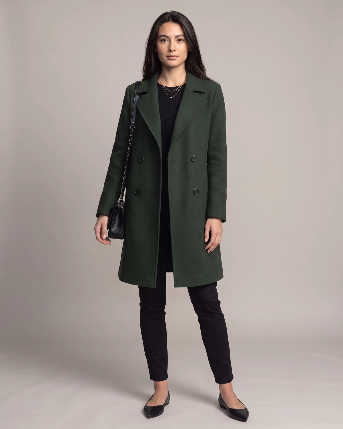 Women's Double Breasted Coat with Notched Lapel and Turned-Back Cuffs, Midi Length – Jane