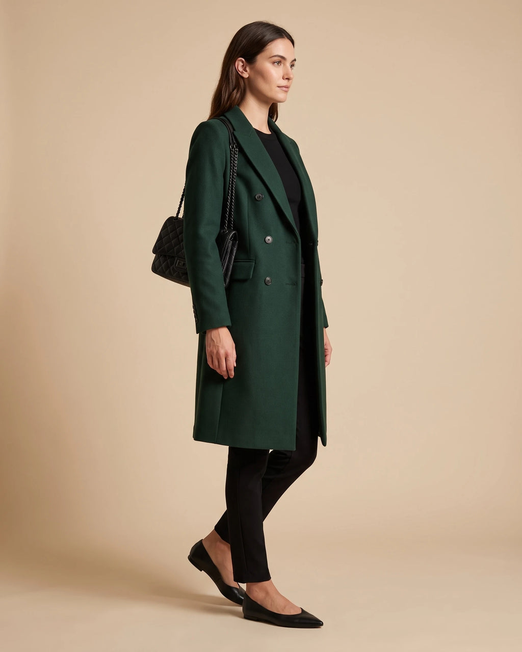 Women's Double Breasted Coat with Notched Lapel and Turned-Back Cuffs, Midi Length – Jane