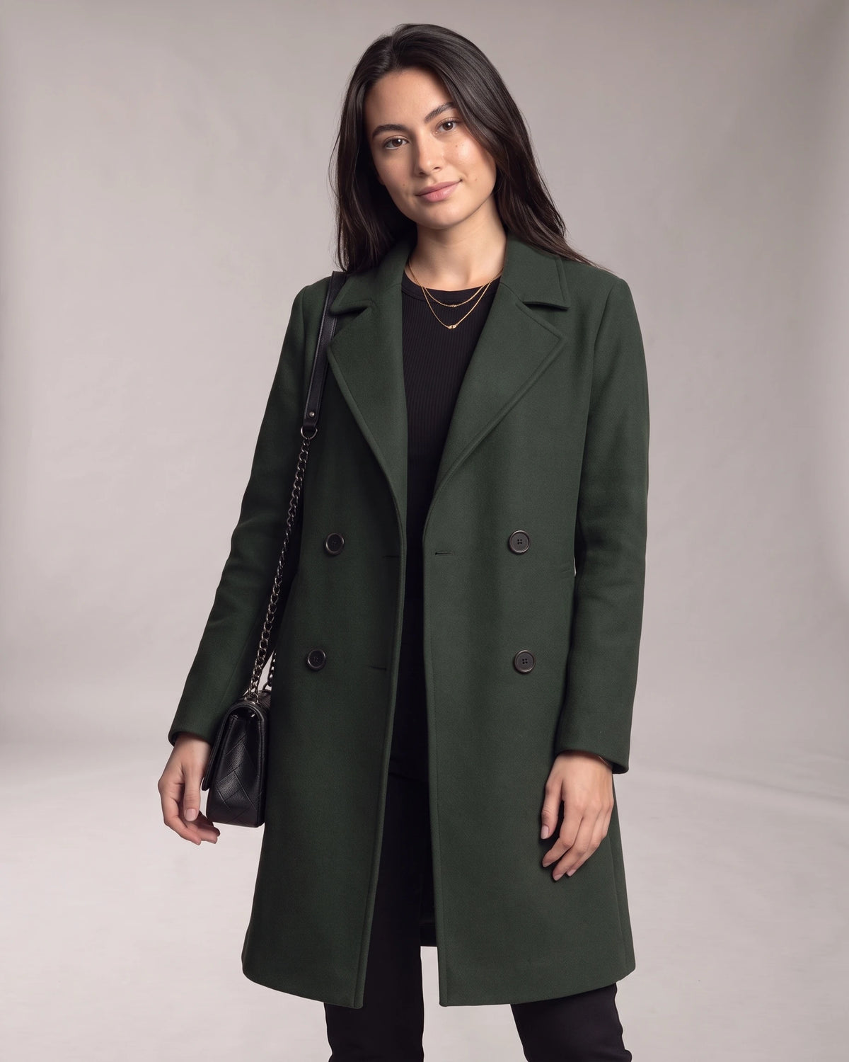 Women's Double Breasted Coat with Notched Lapel and Turned-Back Cuffs, Midi Length – Jane