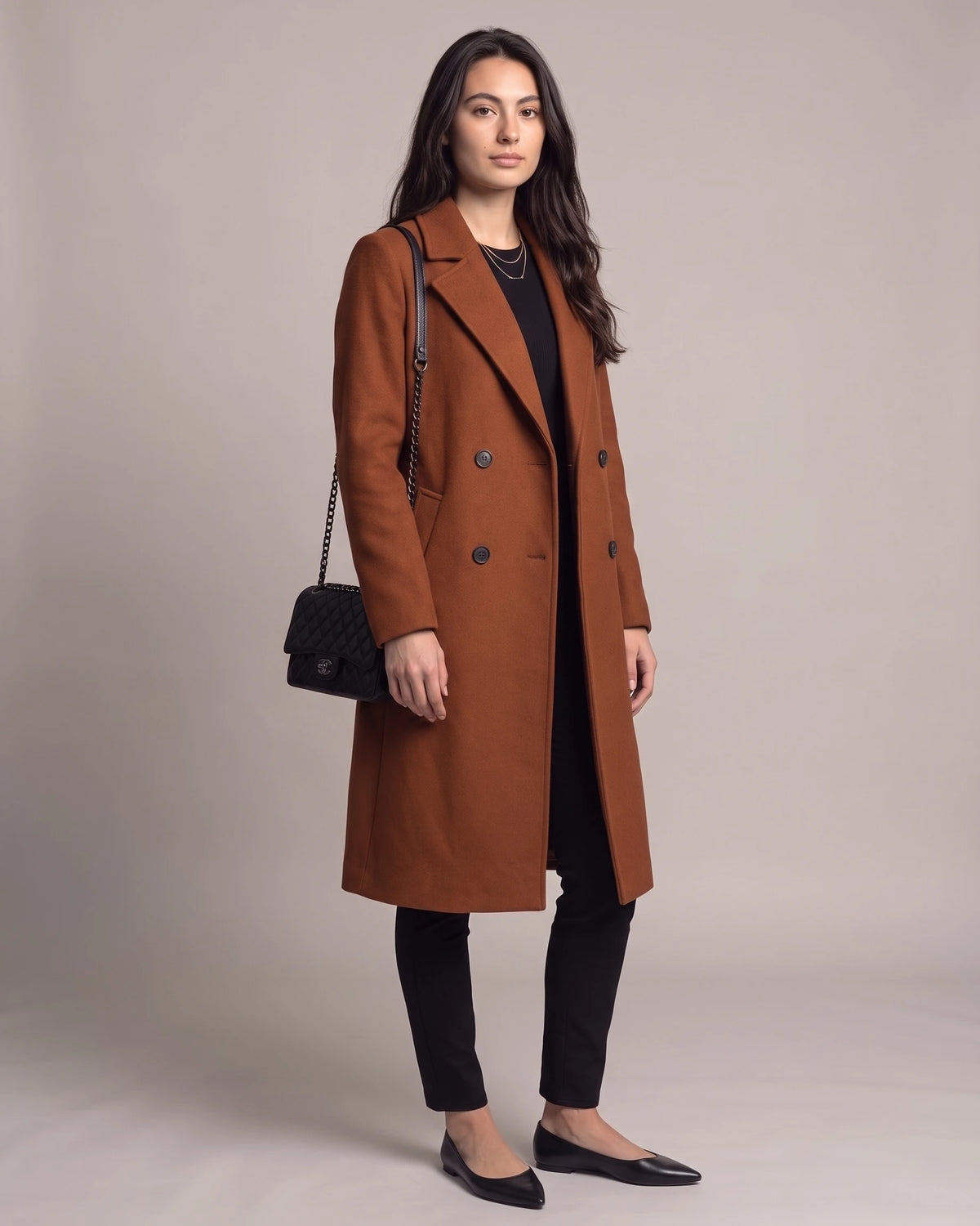 Women's Double Breasted Coat with Notched Lapel and Turned-Back Cuffs, Midi Length – Jane