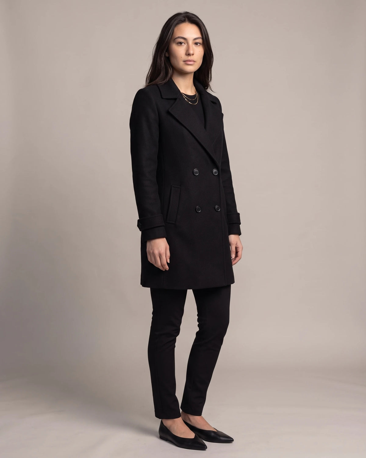 Women's Double Breasted Coat with Notched Lapel and Turned-Back Cuffs, Midi Length – Jane