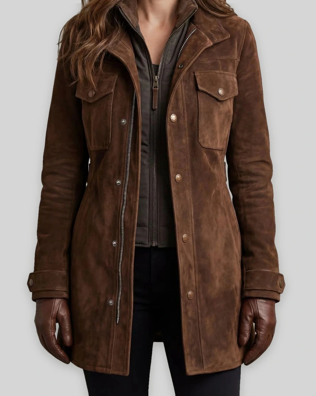 Women's Coat Tailored Longline Faux Suede Coat with Flap Pockets in Brown – Hattie Rose