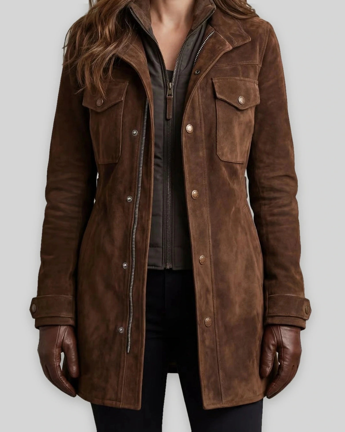Women's Coat Tailored Longline Faux Suede Coat with Flap Pockets in Brown – Hattie Rose