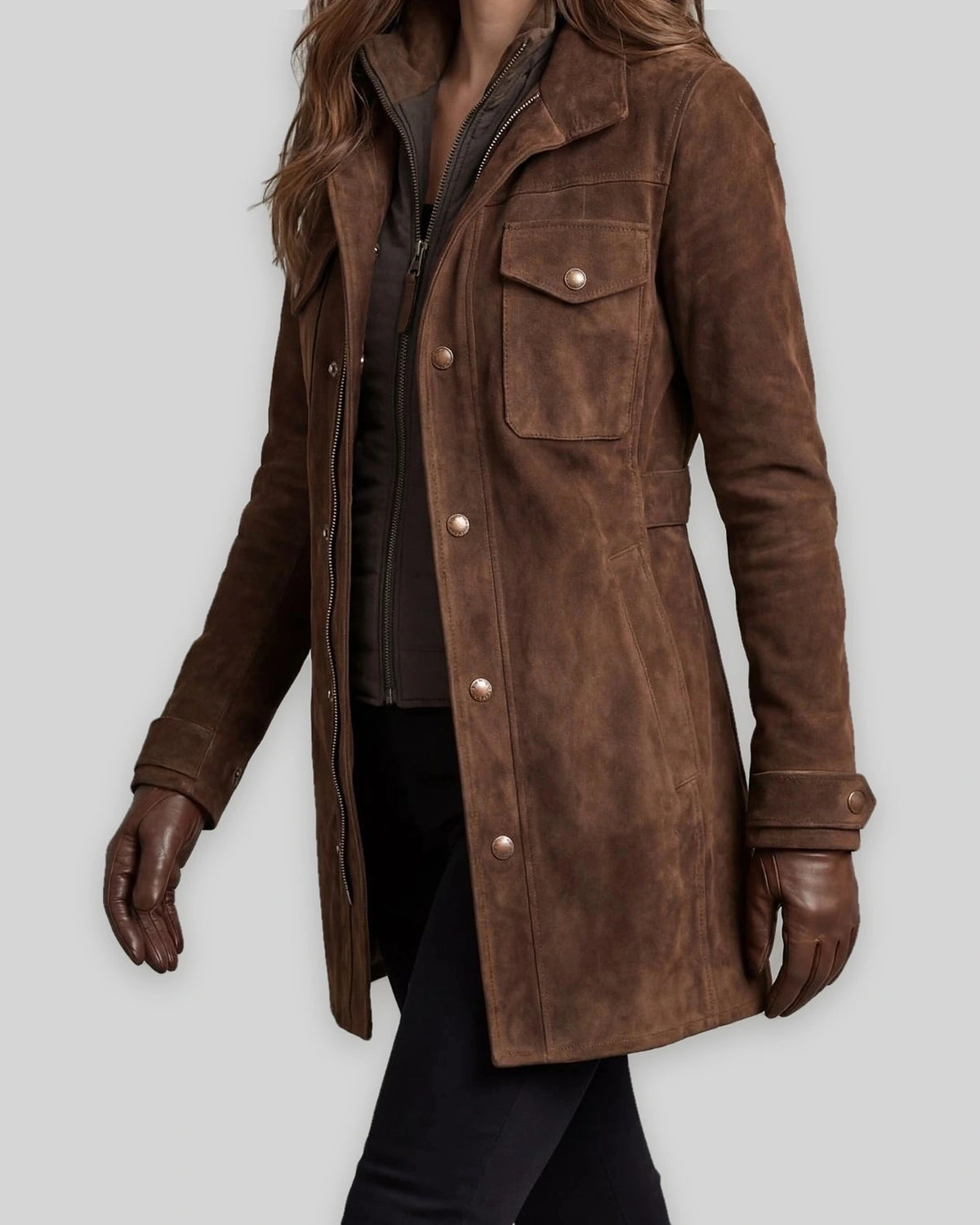 Women's Coat Tailored Longline Faux Suede Coat with Flap Pockets in Brown – Hattie Rose
