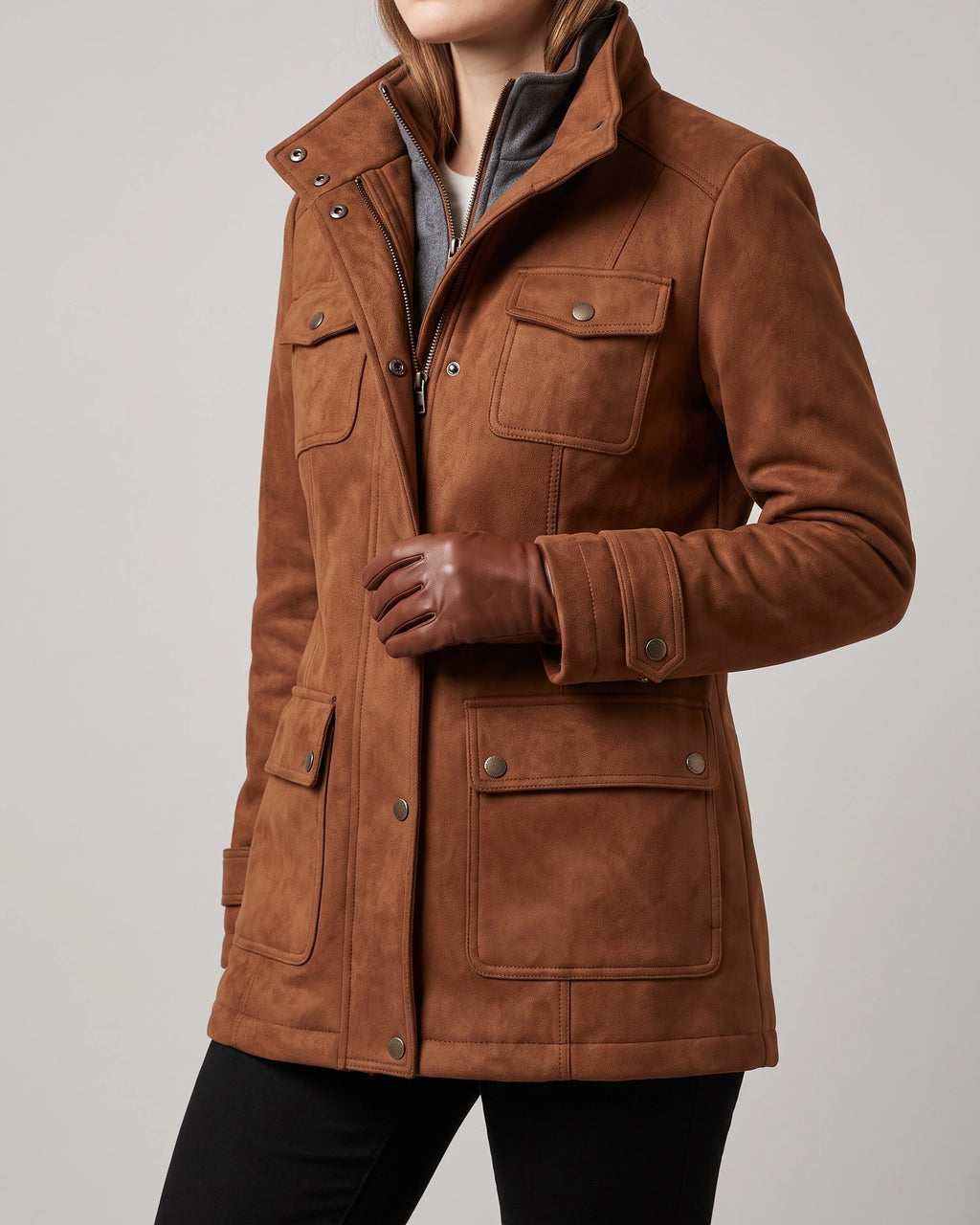 Women's Coat Tailored Longline Faux Suede Coat with Flap Pockets in Brown – Hattie Rose