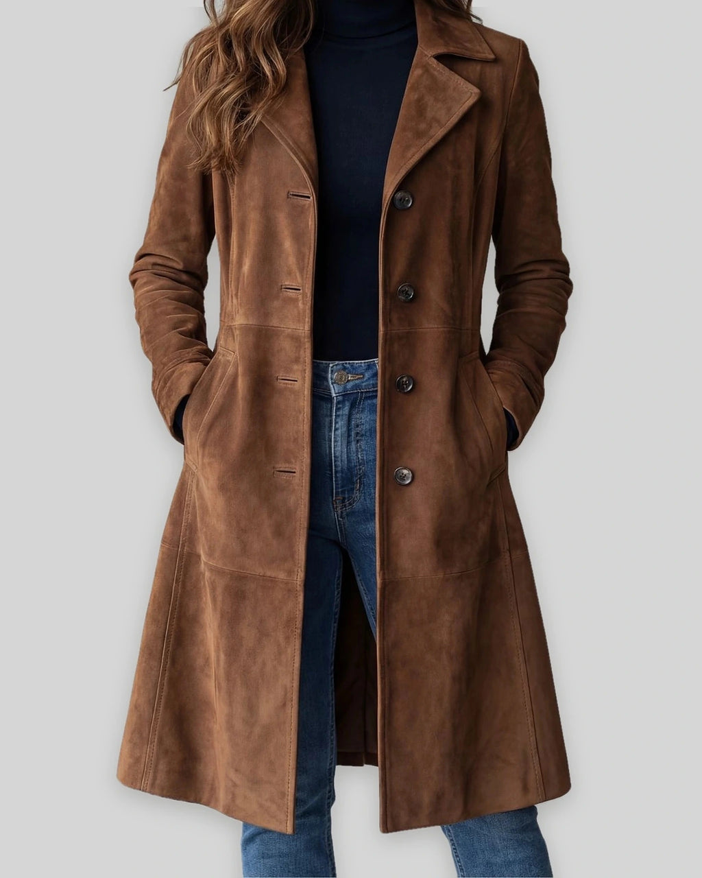 Women's Winter Coat in Tailored Longline Faux Suede with Side Pockets – Lottie Jane