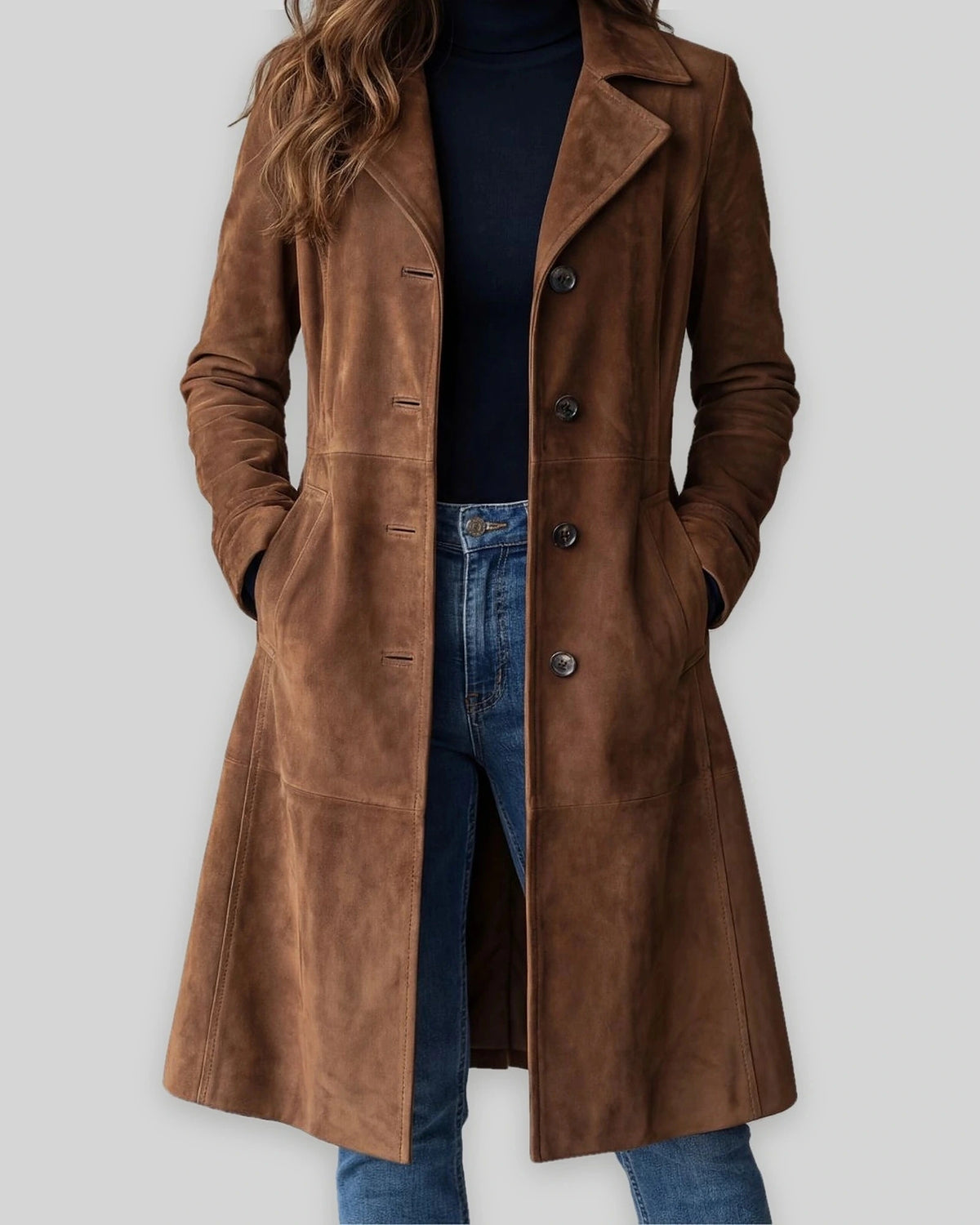 Women's Winter Coat in Tailored Longline Faux Suede with Side Pockets – Lottie Jane