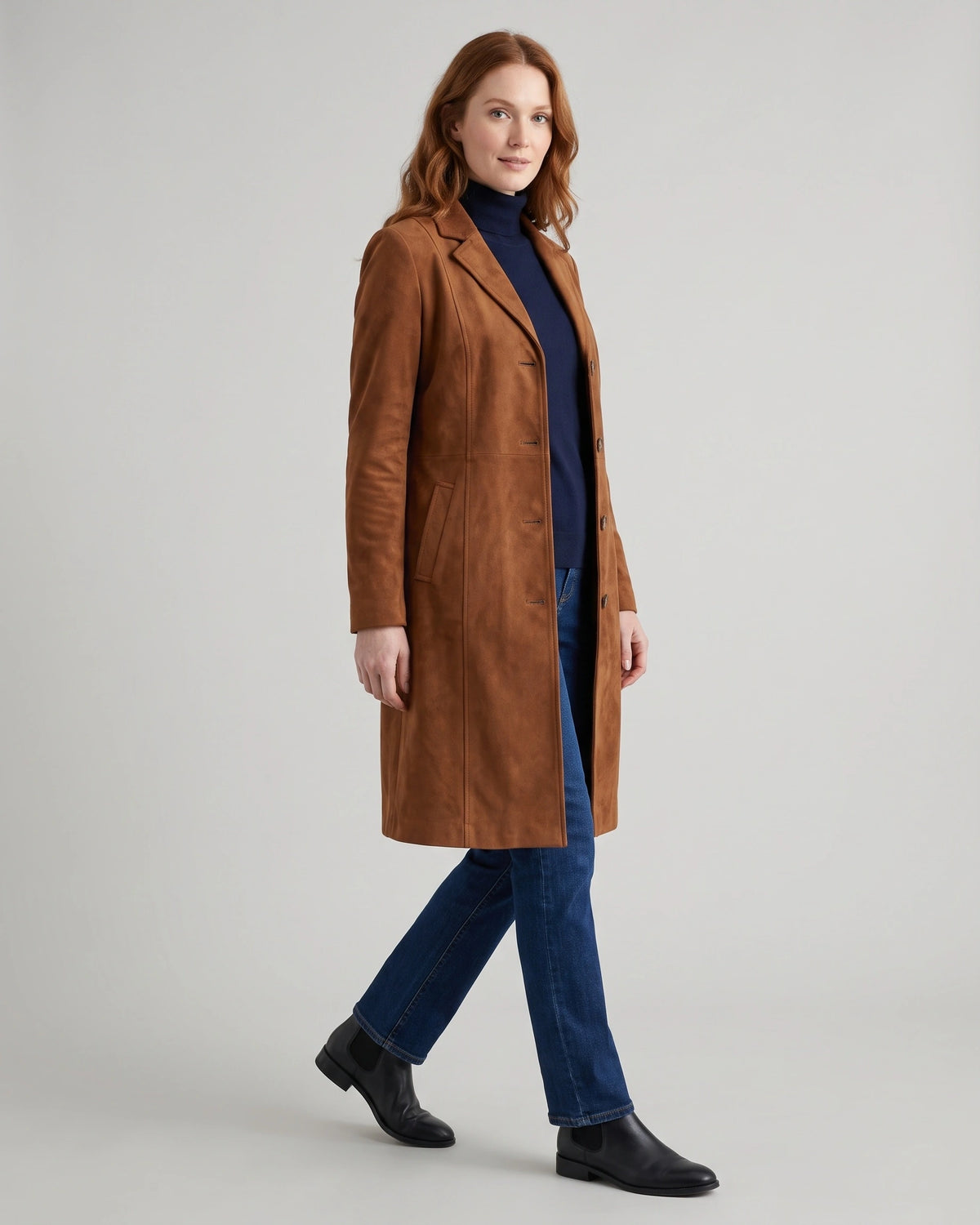 Women's Winter Coat in Tailored Longline Faux Suede with Side Pockets – Lottie Jane