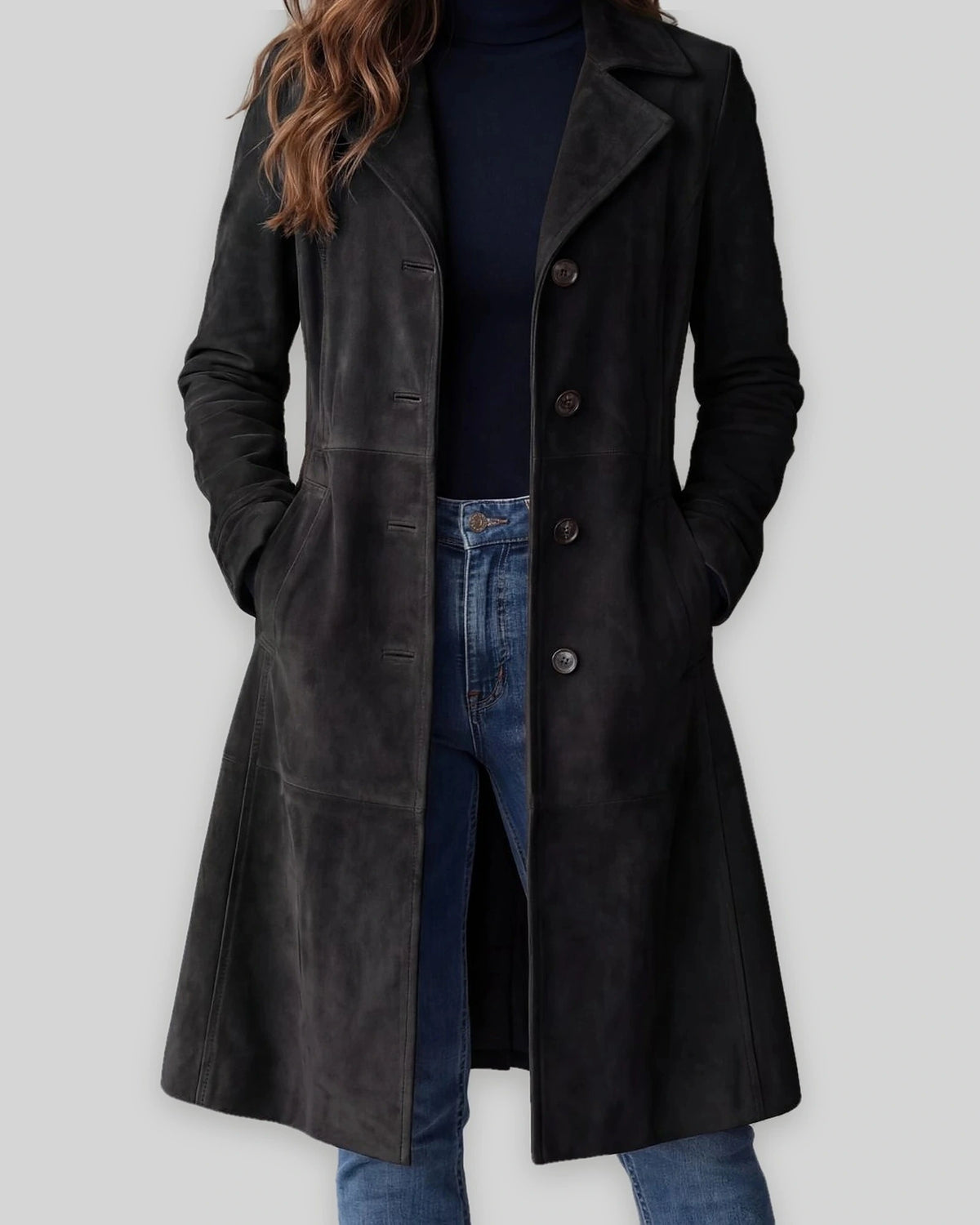 Women's Winter Coat in Tailored Longline Faux Suede with Side Pockets – Lottie Jane