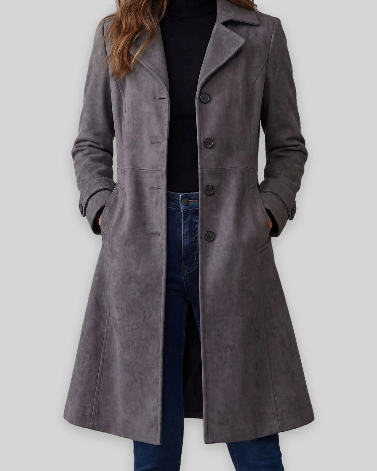 Women's Winter Coat in Tailored Longline Faux Suede with Side Pockets – Lottie Jane