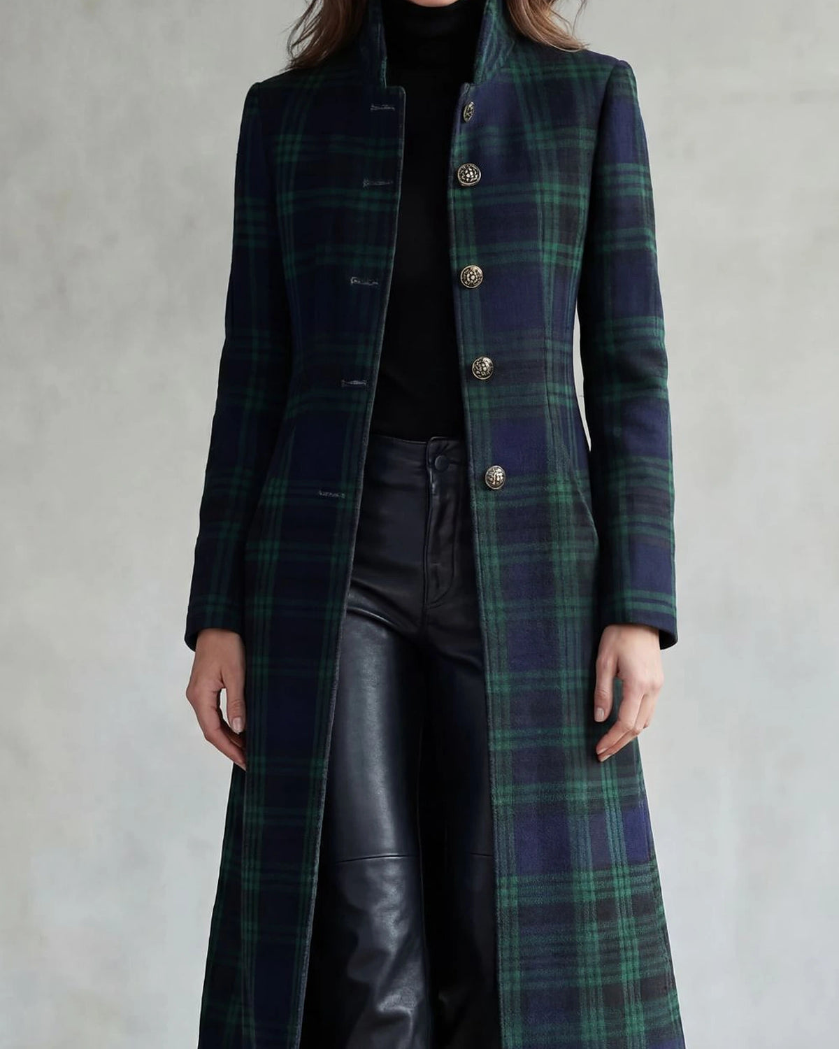 Women's Coat for Women, Tartan Longline Coat with Stand Collar, Black Watch Tartan Coat – Mabel Mae