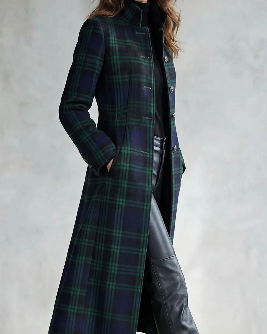 Women's Coat for Women, Tartan Longline Coat with Stand Collar, Black Watch Tartan Coat – Mabel Mae
