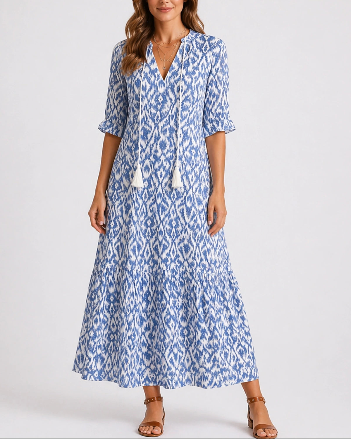 Women's Boho Summer Maxi Dress with Ruffle Sleeves and Tasselled Tie Neck, Tiered Style – Zara Jane