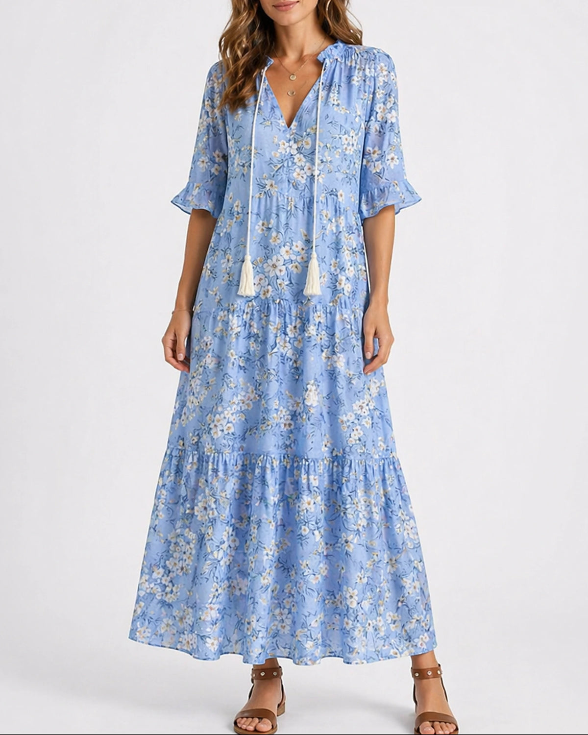 Women's Boho Summer Maxi Dress with Ruffle Sleeves and Tasselled Tie Neck, Tiered Style – Zara Jane