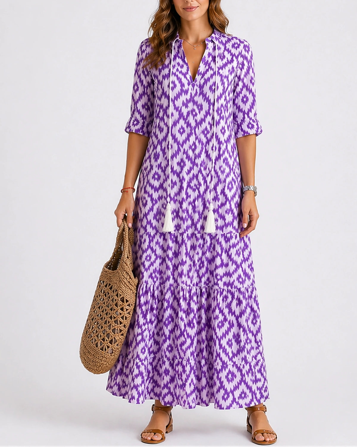 Women's Boho Summer Maxi Dress with Ruffle Sleeves and Tasselled Tie Neck, Tiered Style – Zara Jane