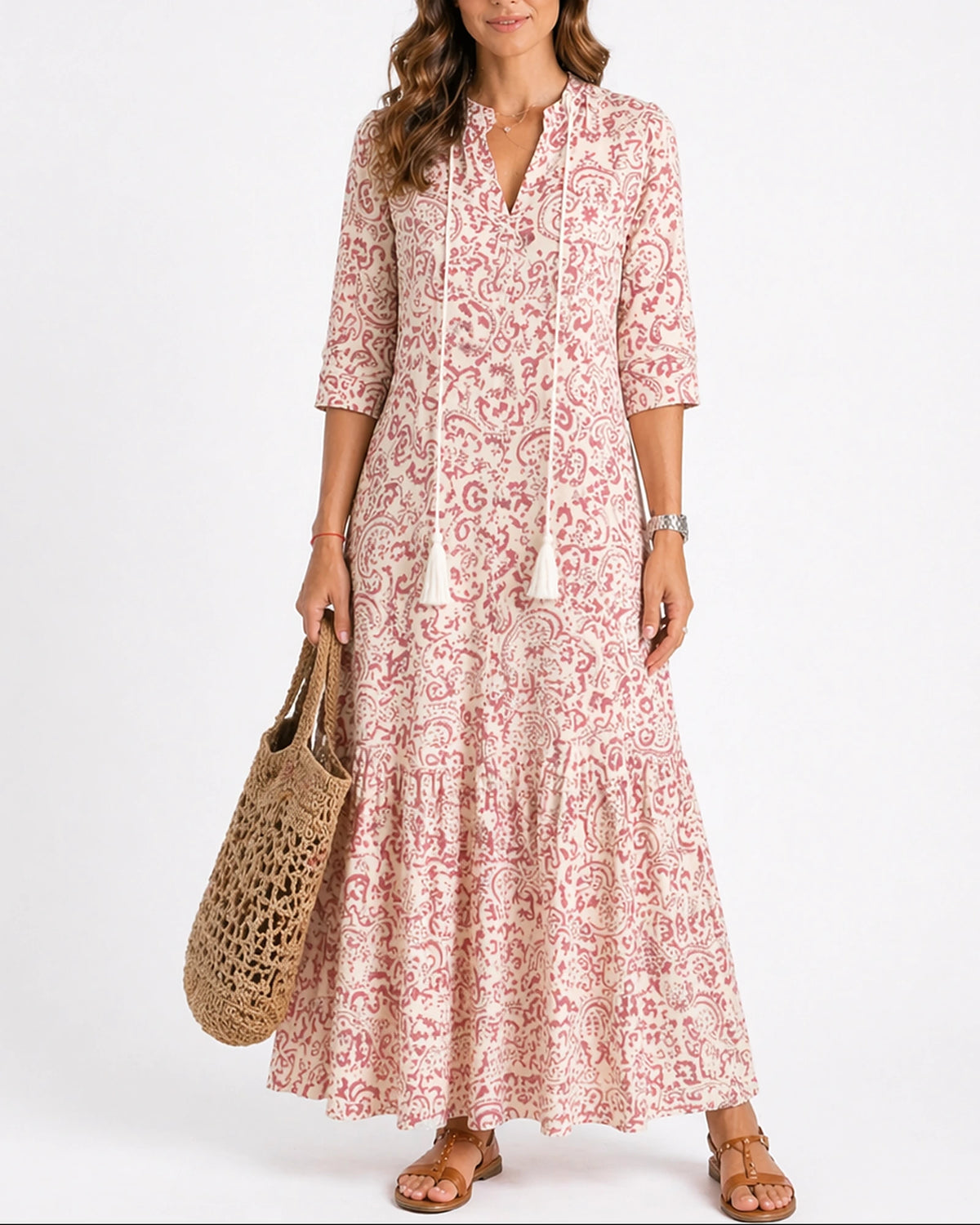 Women's Boho Summer Maxi Dress with Ruffle Sleeves and Tasselled Tie Neck, Tiered Style – Zara Jane