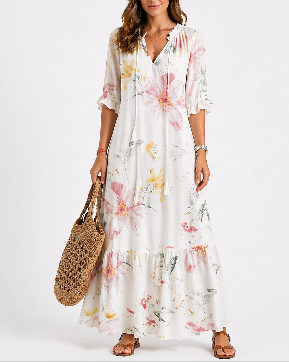 Women's Boho Summer Maxi Dress with Ruffle Sleeves and Tasselled Tie Neck, Tiered Style – Zara Jane