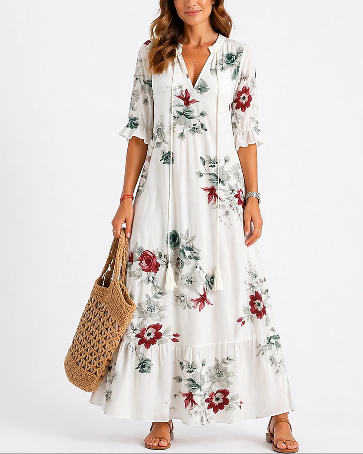 Women's Boho Summer Maxi Dress with Ruffle Sleeves and Tasselled Tie Neck, Tiered Style – Zara Jane