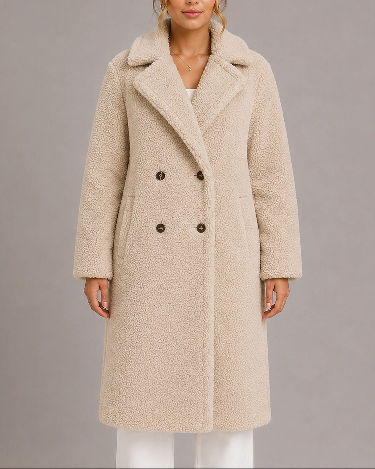 Women's Teddy Coat, Longline Double-Breasted Faux Fur Coat with Oversized Lapel Collar – Poppy
