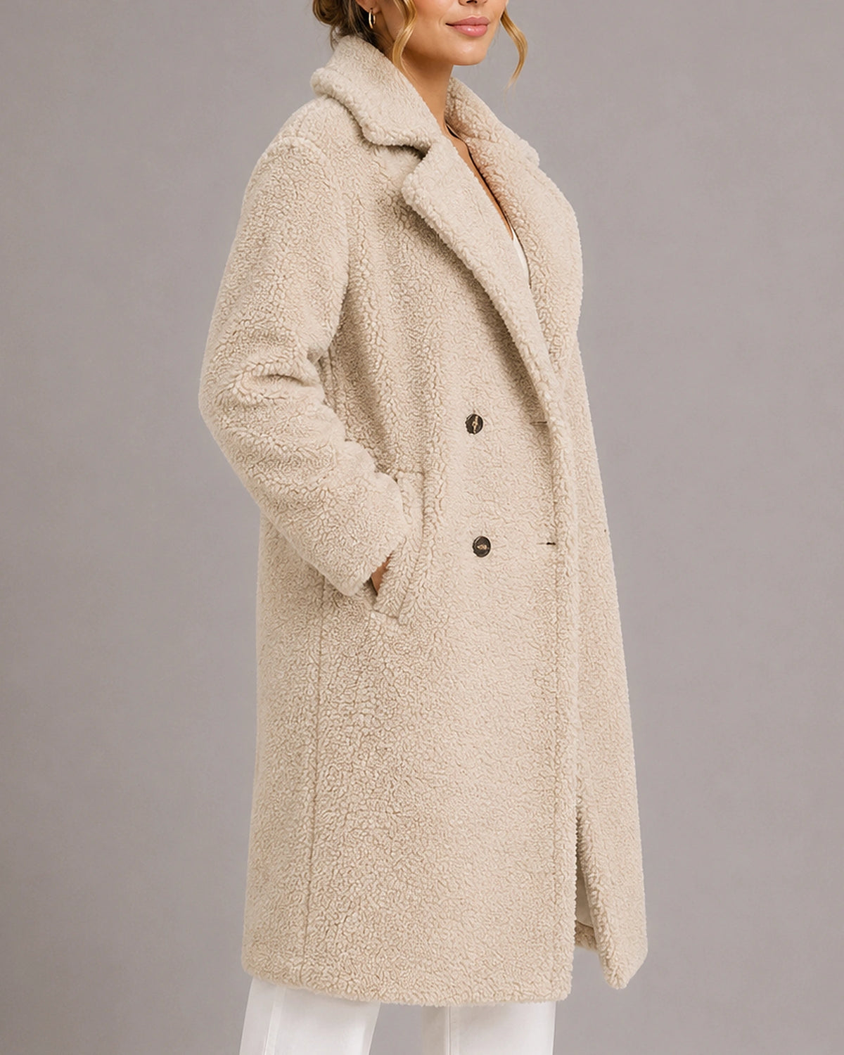 Women's Teddy Coat, Longline Double-Breasted Faux Fur Coat with Oversized Lapel Collar – Poppy