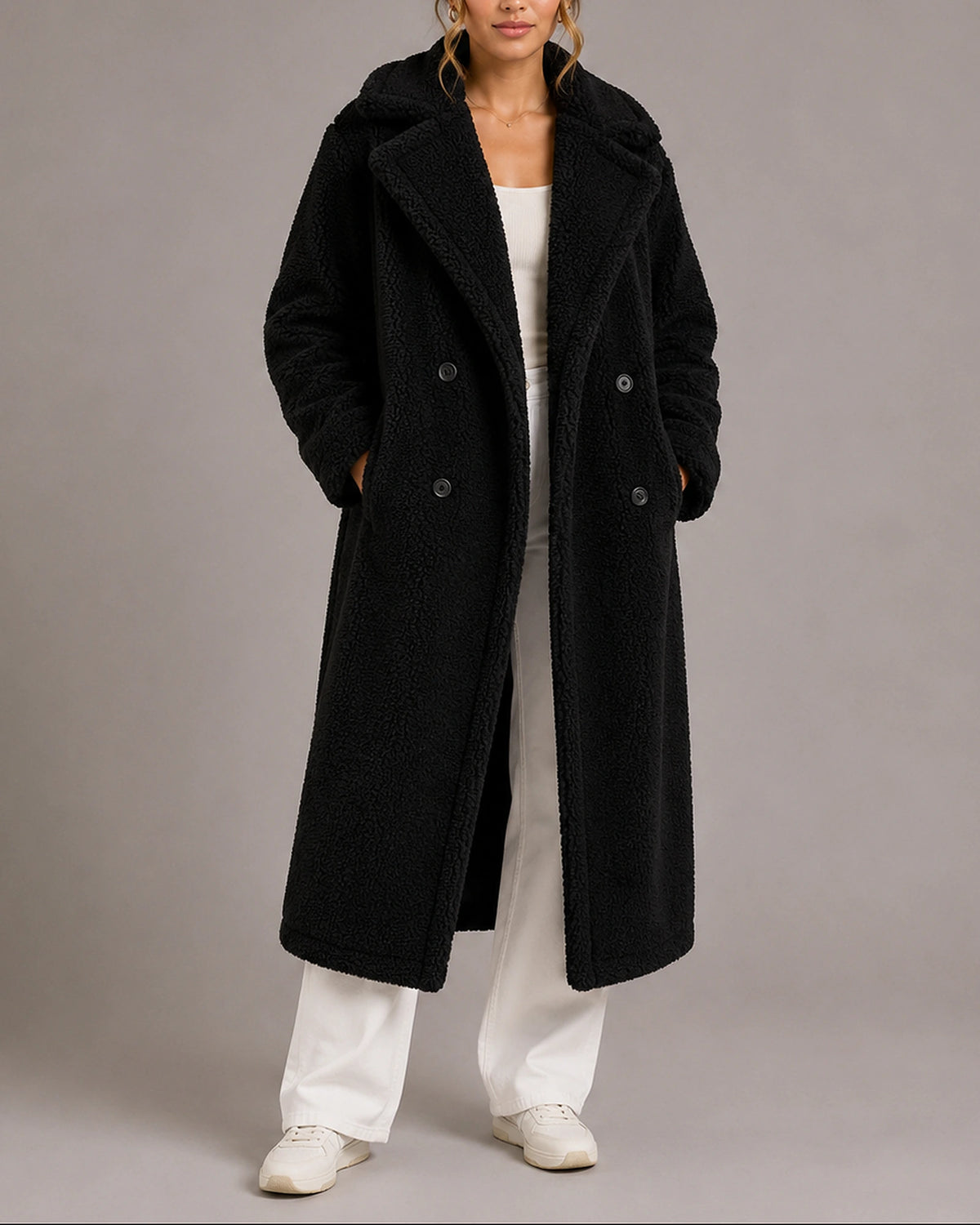 Women's Teddy Coat, Longline Double-Breasted Faux Fur Coat with Oversized Lapel Collar – Poppy